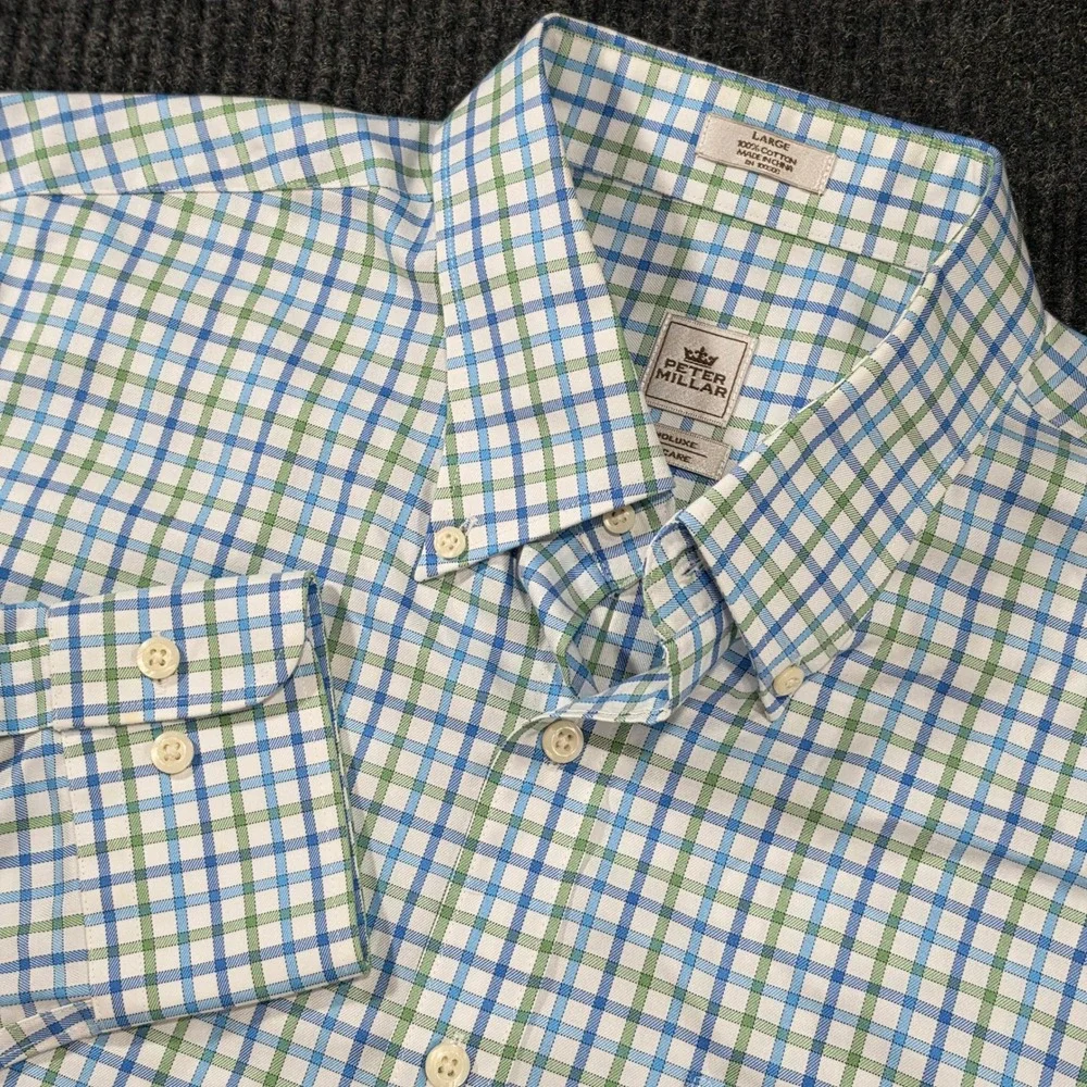 Peter Millar Dress Shirt Mens Large Blue Green Excellent Nanoluxe Easy Care